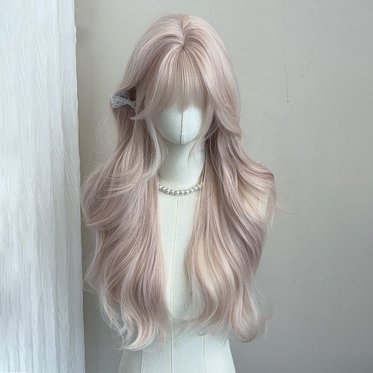 Pink long hair with a misty pink-gold color, long curly hair with a straight fringe, soft and natural JK full wig