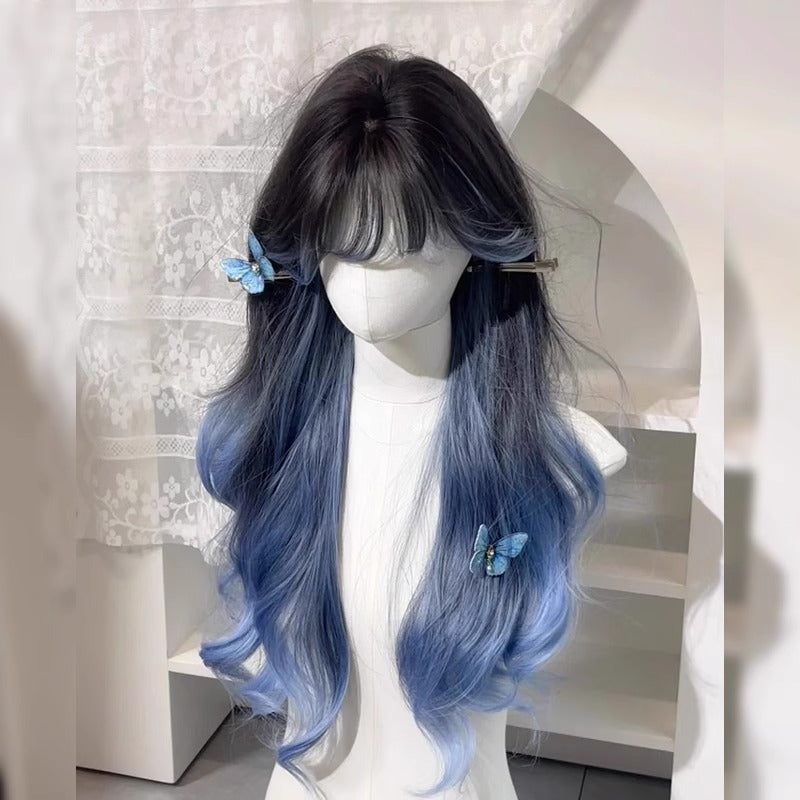 Blue highlighted ombre straight bangs long curly hair everyday style big waves full head wig