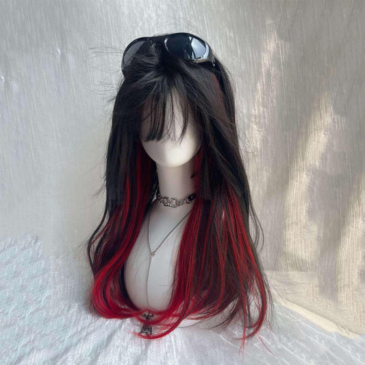 Black and red ombre long straight hair with a sweet and cool style, fluffy and natural-looking fake hair full head wig