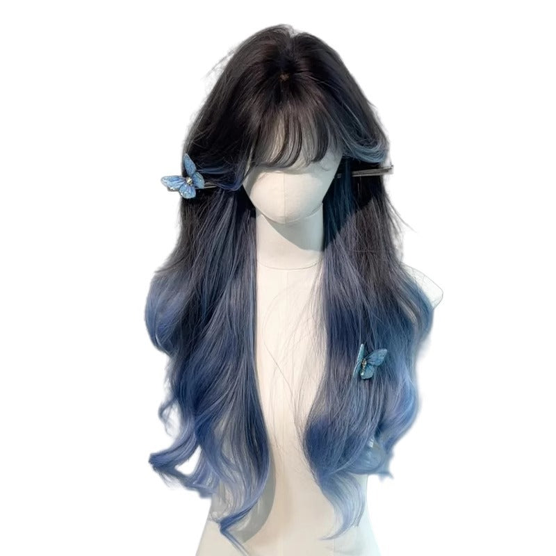 Blue highlighted ombre straight bangs long curly hair everyday style big waves full head wig