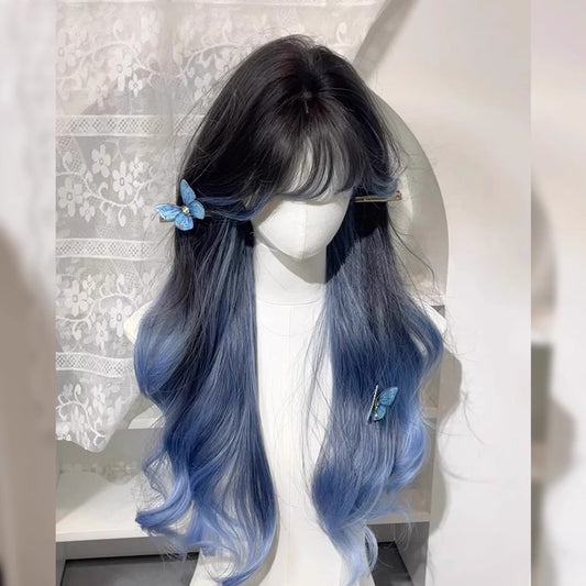 Blue highlighted ombre straight bangs long curly hair everyday style big waves full head wig