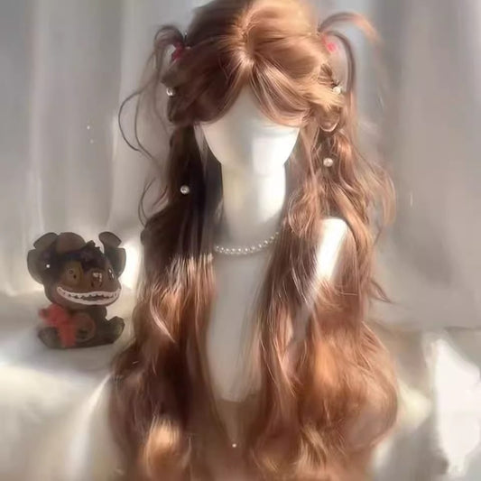 Center-parted, finely crafted, milky white golden egg curl long curly hair full head wig