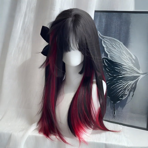 Black and red ombre long straight hair with a sweet and cool style, fluffy and natural-looking fake hair full head wig