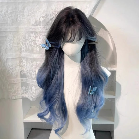 Blue highlighted ombre straight bangs long curly hair everyday style big waves full head wig