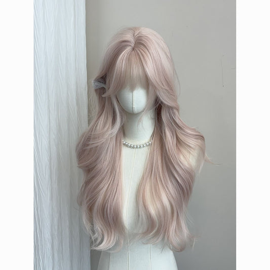 Pink long hair with a misty pink-gold color, long curly hair with a straight fringe, soft and natural JK full wig